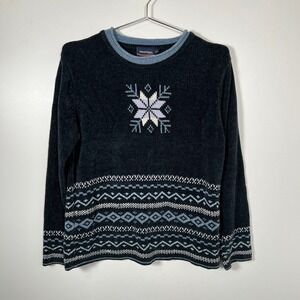 Y2K Fair Isle Black Chenille Sweater Snowflake Knit Pullover Size L Denver Hayes